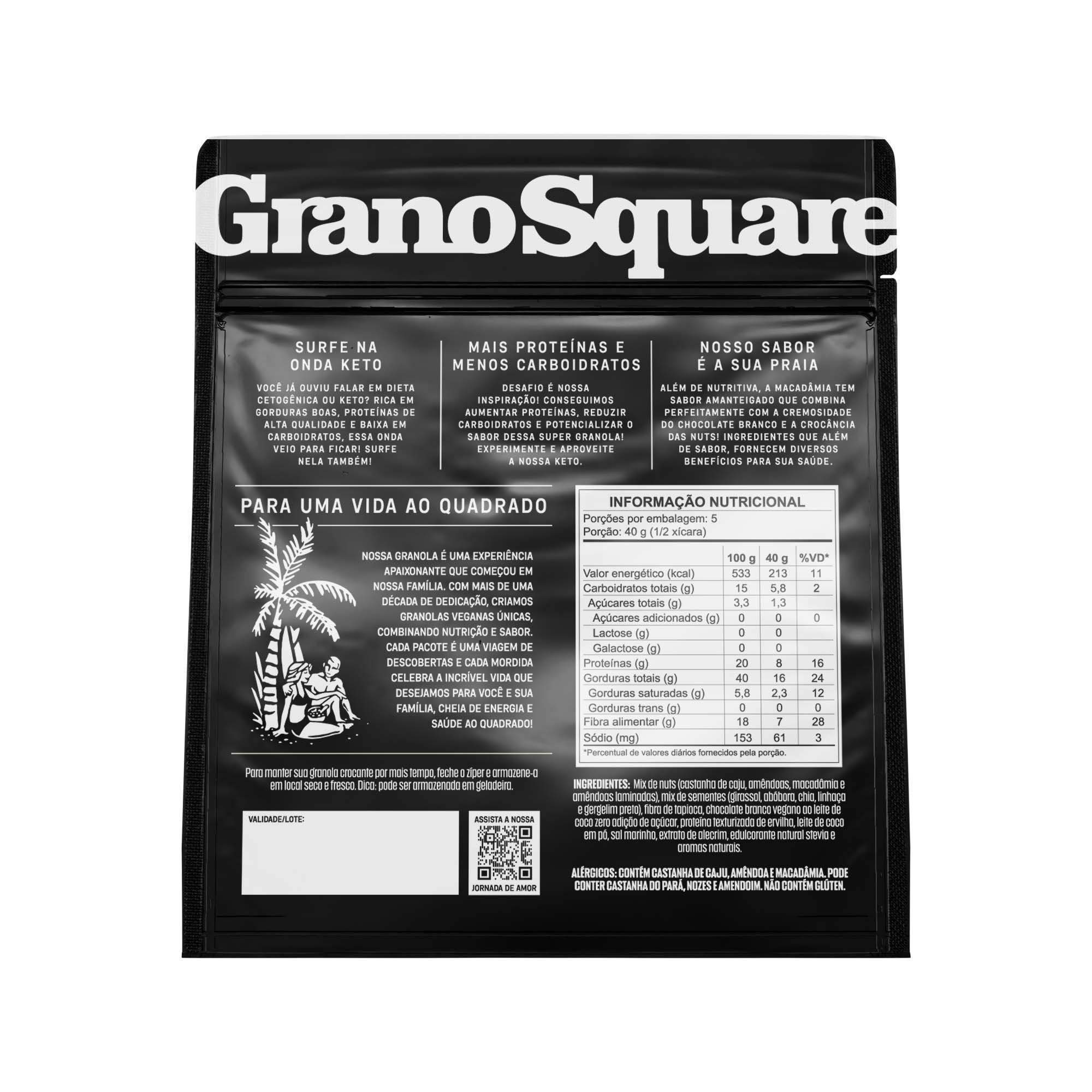 Granola GranoSquare KETO Macadâmia com Chocolate Branco 200g